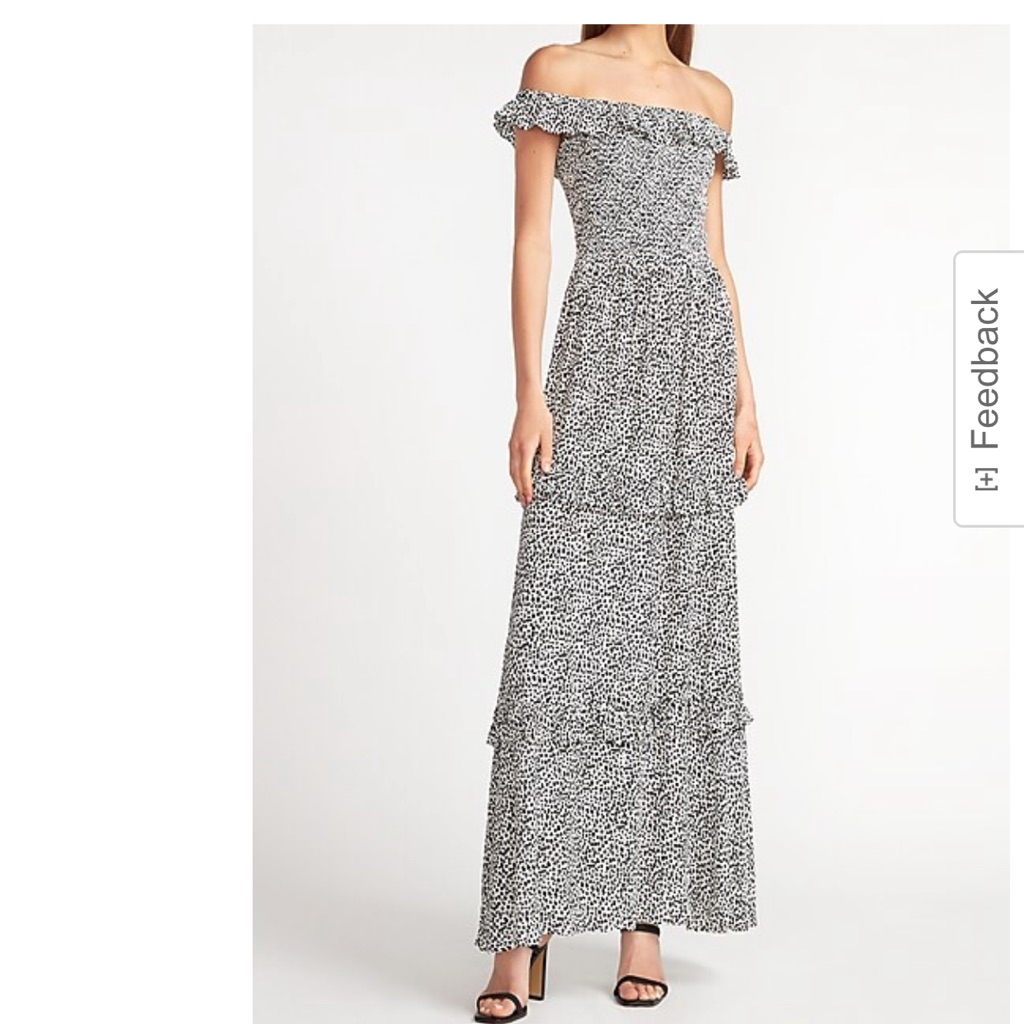 Express Dot Print Smocked Off The Shoulder Maxi Dress